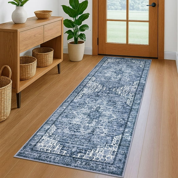 Suelur Runner Rugs 2x6 Blue Runner for Hallways Non-Slip Washable Kitchen Runner with Rubber Backing Soft Printed Distressed Medallion Floor Carpet Runner for Laundry Bedroom Entryway
