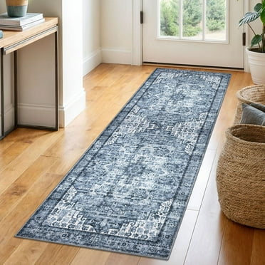 Suelur Runner Rugs 2x6 Blue Runner for Hallways Non-Slip Washable Kitchen Runner with Rubber Backing Soft Printed Distressed Medallion Floor Carpet Runner for Laundry Bedroom Entryway