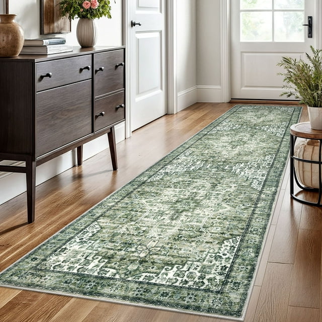 Suelur Runner Rugs 2.6x10 Green Runner for Hallways Non-Slip Washable Kitchen Runner with Rubber Backing Soft Printed Distressed Medallion Floor Carpet Runner for Laundry Bedroom Entryway