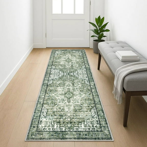 Suelur Runner Rugs 2x5 Green Runner for Hallways Non-Slip Washable Kitchen Runner with Rubber Backing Soft Printed Distressed Medallion Floor Carpet Runner for Laundry Bedroom Entryway