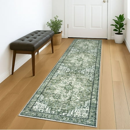 Suelur Runner Rugs 2x7 Green Runner for Hallways Non-Slip Washable Kitchen Runner with Rubber Backing Soft Printed Distressed Medallion Floor Carpet Runner for Laundry Bedroom Entryway