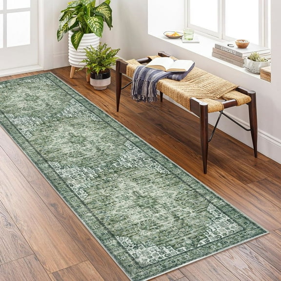 Suelur Runner Rugs 2x8 Green Runner for Hallways Non-Slip Washable Kitchen Runner with Rubber Backing Soft Printed Distressed Medallion Floor Carpet Runner for Laundry Bedroom Entryway