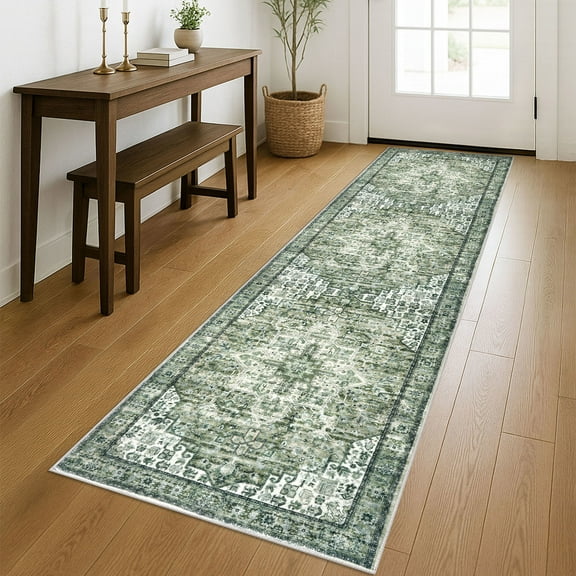 Suelur Runner Rugs 2x8 Green Runner for Hallways Non-Slip Washable Kitchen Runner with Rubber Backing Soft Printed Distressed Medallion Floor Carpet Runner for Laundry Bedroom Entryway