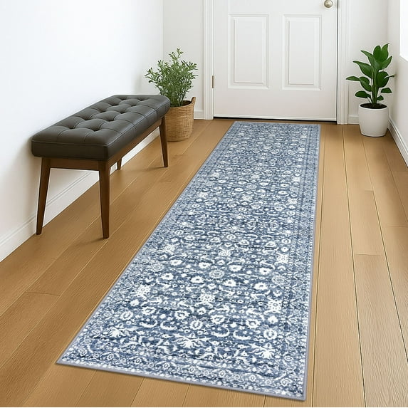 Suelur Runner Rugs for Floor 2x7 Washable Kitchen Runner Rug Non-Slip Carpet Runners Printed Super Soft Vintage Floral Bedroom Runenrs for Entryway Hallway Laundry Room Indoor, Light Blue and White