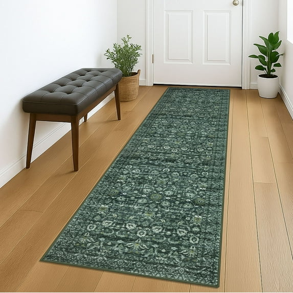 Suelur Runner Rugs for Floor 2x7 Washable Kitchen Runner Rug Non-Slip Carpet Runners Printed Super Soft Vintage Floral Bedroom Runenrs for Entryway Hallway Laundry Room Indoor, Dark Green