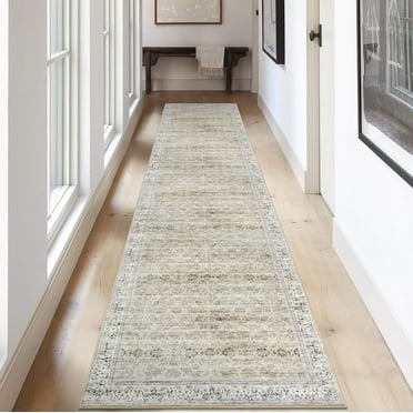 Suelur Runners Rugs for Hallway Beige/Yellow Ultra Soft Runner 2.6x12 Washable Rug Runner Non-Slip Distressed Floral Rug for Kitchen Hallways Bedroom