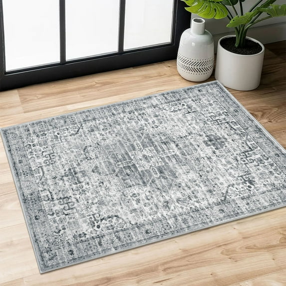 Suelur Small Area Rugs 2x3 Gray Washable Rug for Entryway Soft Non-Slip Throw Rugs Low-Pile Printed Distressed Medallion Indoor Door Mat for Entrance Foyer Bedside