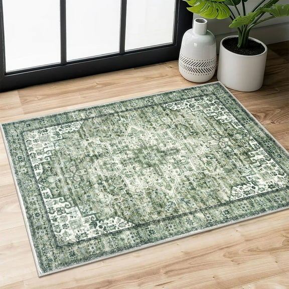 Suelur Small Area Rugs 2x3 Green Washable Rug for Entryway Soft Non-Slip Throw Rugs Low-Pile Printed Distressed Medallion Indoor Door Mat for Entrance Foyer Bedside