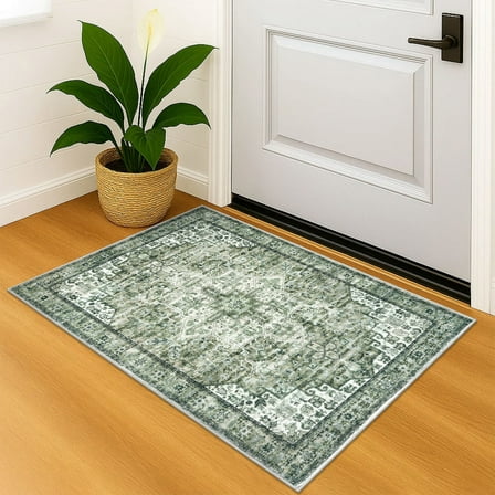 Suelur Small Area Rugs 2x3 Green Washable Rug for Entryway Soft Non-Slip Throw Rugs Low-Pile Printed Distressed Medallion Indoor Door Mat for Entrance Foyer Bedside