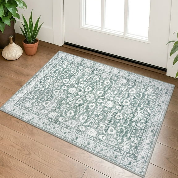 Suelur Throw Rugs with Rubber Backing Washable 2x3 Non Slip Small Area Rugs Vintage Floral Rugs Super Soft Kitchen Rug Front Door Rugs for Foyer Bedroom Entryway, Sage Green and White
