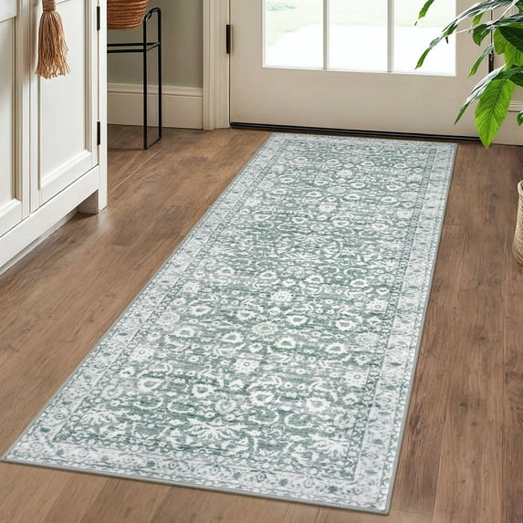 Suelur Washable 2x5 Runner Rug for Hallways Non Slip Rug Runners Vintage Floral Runners Super Soft PrintedCarpet Runners for Entryway Bedroom Bedside Kitchen Laundry Room, Sage Green and White