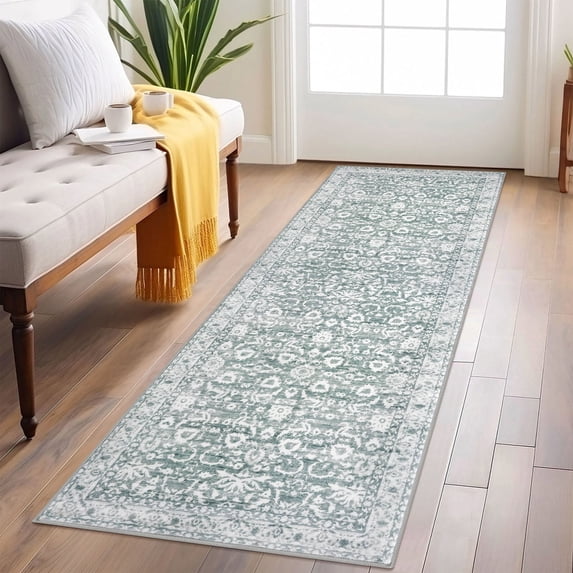 Suelur Runner Rugs for Hallway 2x6 Washable Kitchen Runner Rug Non-Slip Carpet Runners Printed Super Soft Vintage Floral Floor Runenrs for Entryway Bedroom Laundry Room Indoor, Sage Green and White
