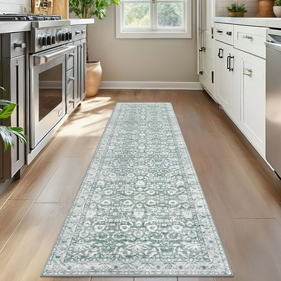 Suelur Runner Rugs for Floor 2x7 Washable Kitchen Runner Rug Non-Slip Carpet Runners Printed Super Soft Vintage Floral Bedroom Runenrs for Entryway Hallway Laundry Room Indoor, Sage Green and White