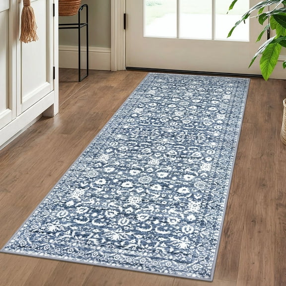 Suelur Washable 2x5 Runner Rug for Hallways Non Slip Rug Runners Vintage Floral Runners Super Soft PrintedCarpet Runners for Entryway Bedroom Bedside Kitchen Laundry Room, Light Blue and White