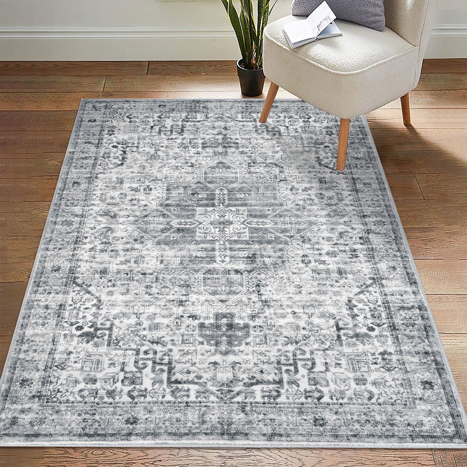 Suelur Washable Rugs 3x5 Gray Area Rugs Non-Slip Entryway Rugs Soft Low-Pile Printed Distressed Medallion Rug Floor Carpet for Bedroom Entrance Foyer Living Room