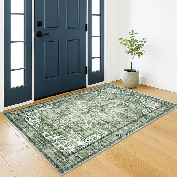 Suelur Washable Rugs 3x5 Green Area Rugs Non-Slip Entryway Rugs Soft Low-Pile Printed Distressed Medallion Rug Floor Carpet for Bedroom Entrance Foyer Living Room