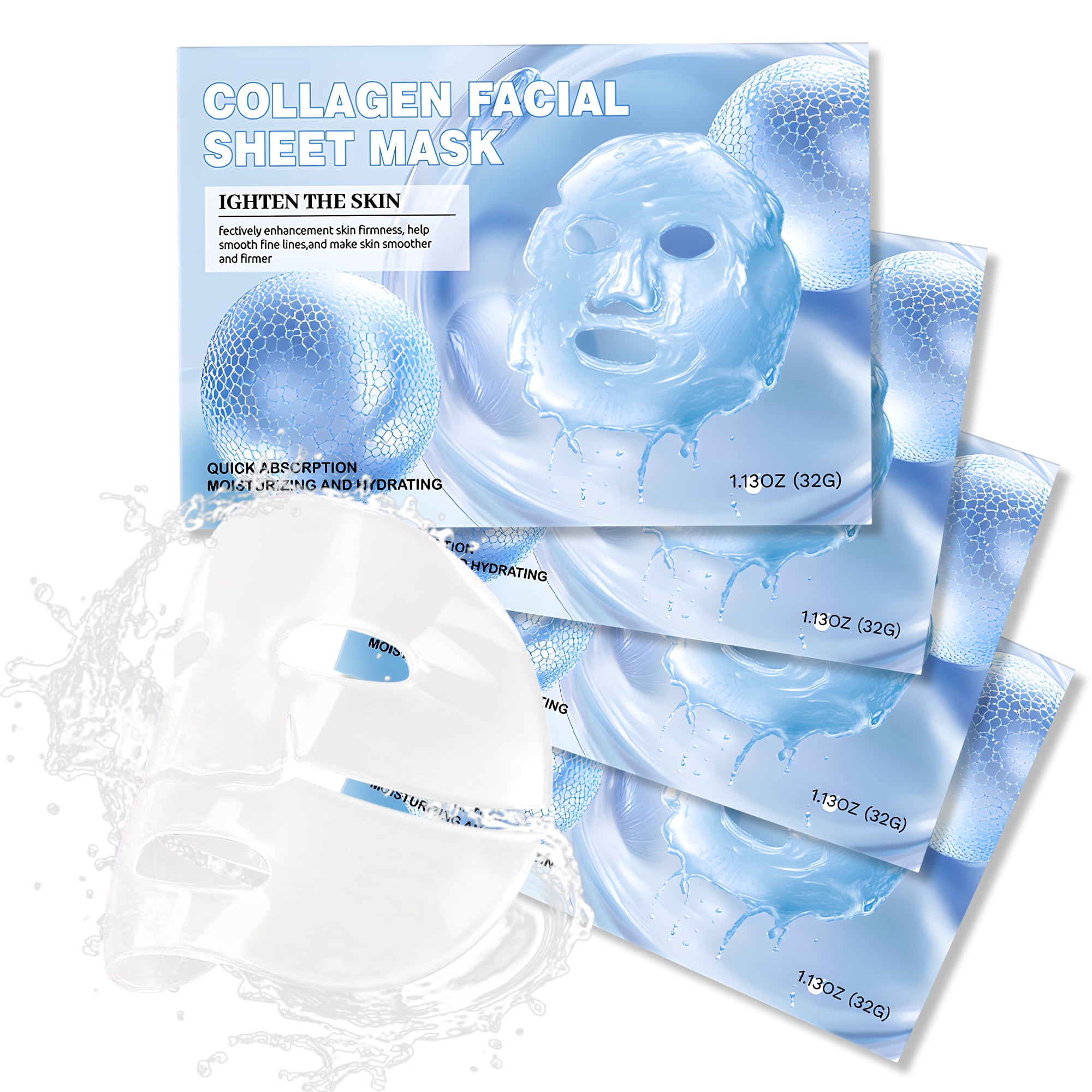 Bio-Collagen Face Mask 4 Pack - Hydrating & Firming Korean Sheet Mask With Hyaluronic Acid, 32g Each