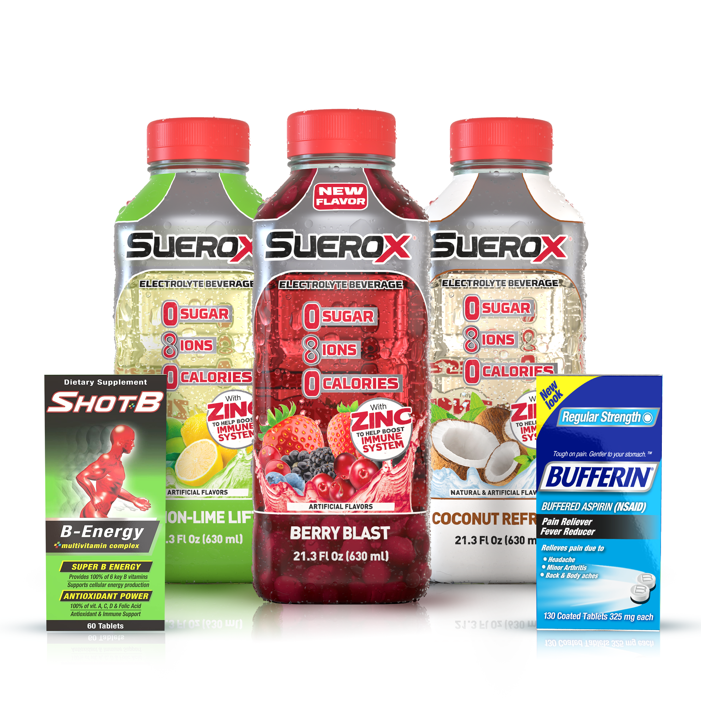 SueroX Kit, Electrolyte Drinks Berry Blast, Coconut Refresh, Lemon Lift - 21.3 Fl Oz each,Bufferin Aspirin 130ct, Shot B Energy Multivitamin 60ct, - Recovery and Refreshment Bundle