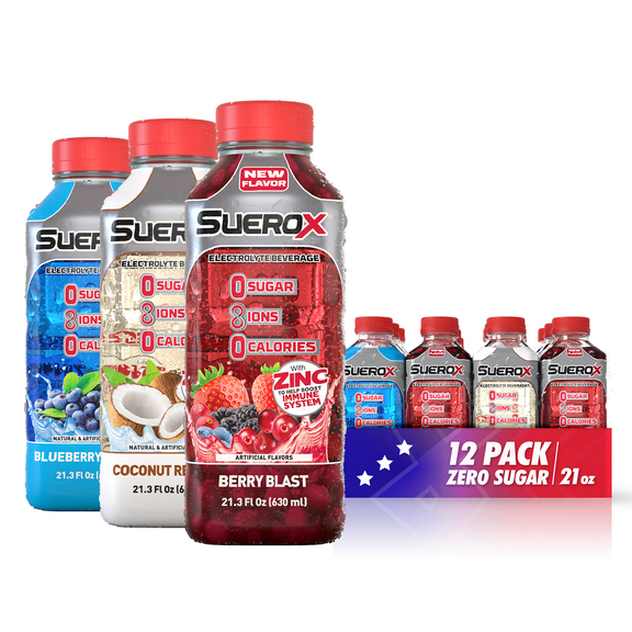 SueroX Zero Sugar ElectroDrink Patriotic Pack Blueberry, Coconut & Berry Blast, 21.3 Fl oz, 12 Count