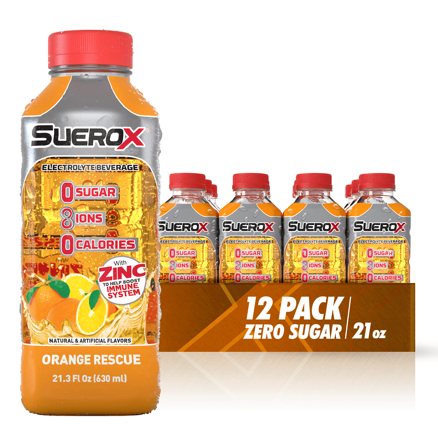 SueroX Zero Sugar Electrolyte Drink, Orange Rescue , 21 oz- Pack of 12