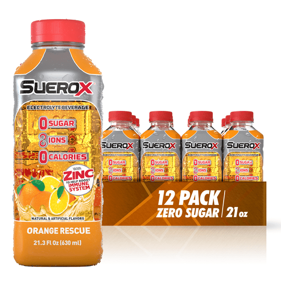 SueroX Zero Sugar Electrolyte Drink, Orange Rescue , 21 oz- Pack of 12