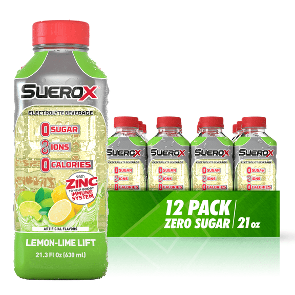 SueroX Zero Sugar Electrolyte Drink for Hydration and Recovery, 8 Ions, Zero Calorie Sports Drink, 21.3 Fl Oz, Lemon Lift, 12 Count