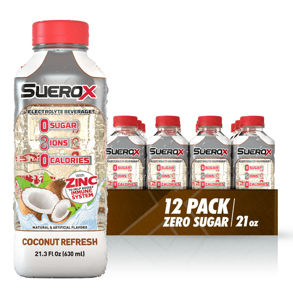 SueroX Zero Sugar Electrolyte Drink for Hydration and Recovery, Coconut Refresh, 21 oz , 12 ct