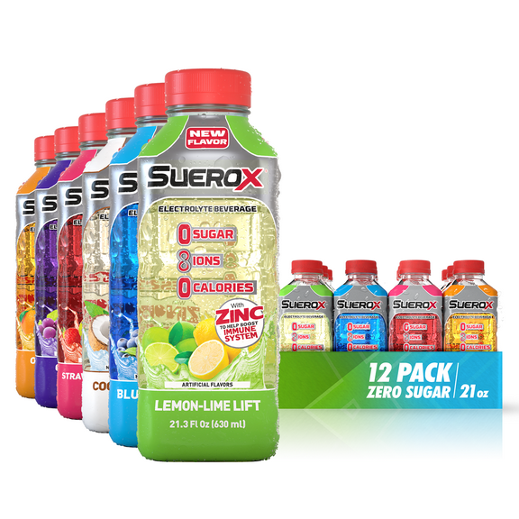 SueroX Zero Sugar Electrolyte Drink for Hydration and Recovery, Party Pack, 21 oz, 12 ct