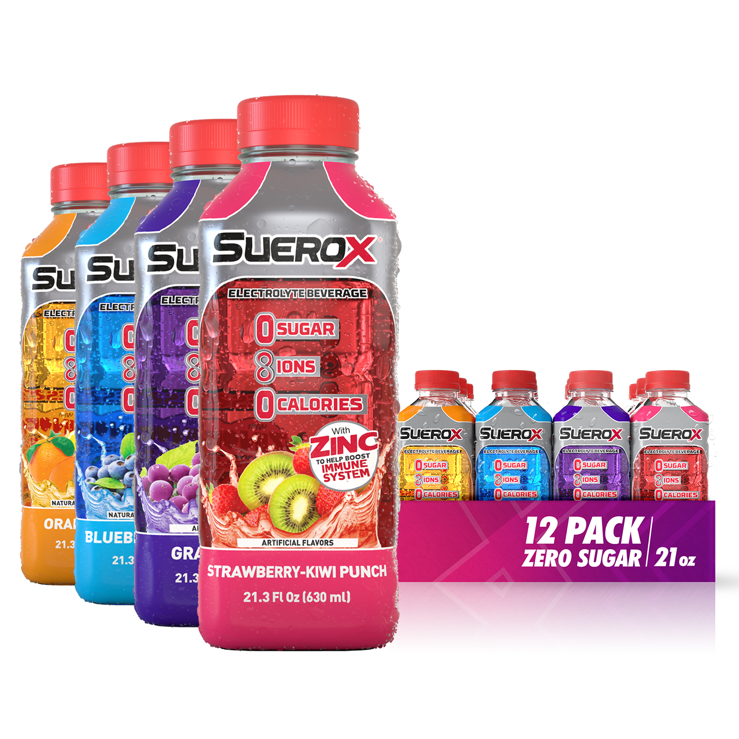 SueroX Zero Sugar Electrolyte Drink for Hydration and Recovery, Variety Pack, 21 Ounce, 12 Count
