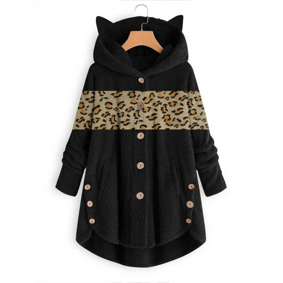 Sueter Para Mujer Elegantes, Winter Clothing for Women, Womens Button Down Fuzzy Jackets Lepard Color Block Sherpa Fleece Coat Outwear with Pockets Womens Long Fur Coat with Hood