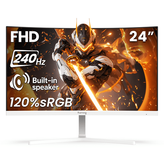 Suevery 24" FHD 1080p Curved Gaming Monitor, 240Hz, Built-in Speakers, 1800R, FreeSync, Wall Mountable -White