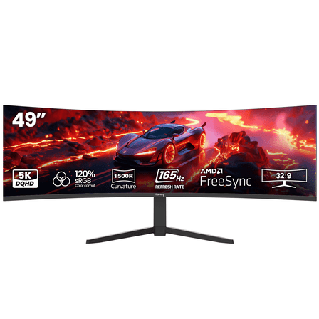 Suevery 49" Curved 165Hz Ultra-Wide Gaming Monitor, DQHD 5120×1440, 1500R, Built-in Speakers, FreeSync, HDMI & DP, Wall Mount Install–Black
