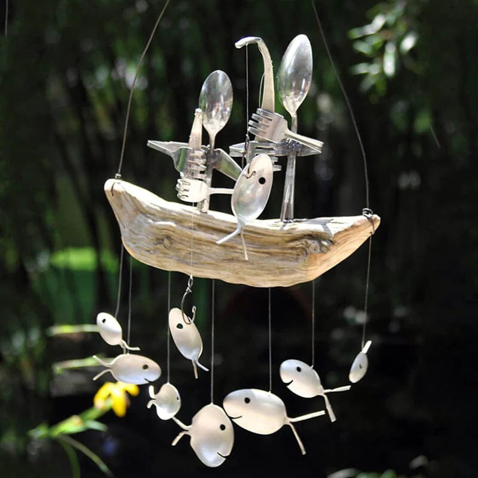 Sueyeuwdi Fishing Man Wind Chime Spoon Fish Sculptures Windchime Indoor