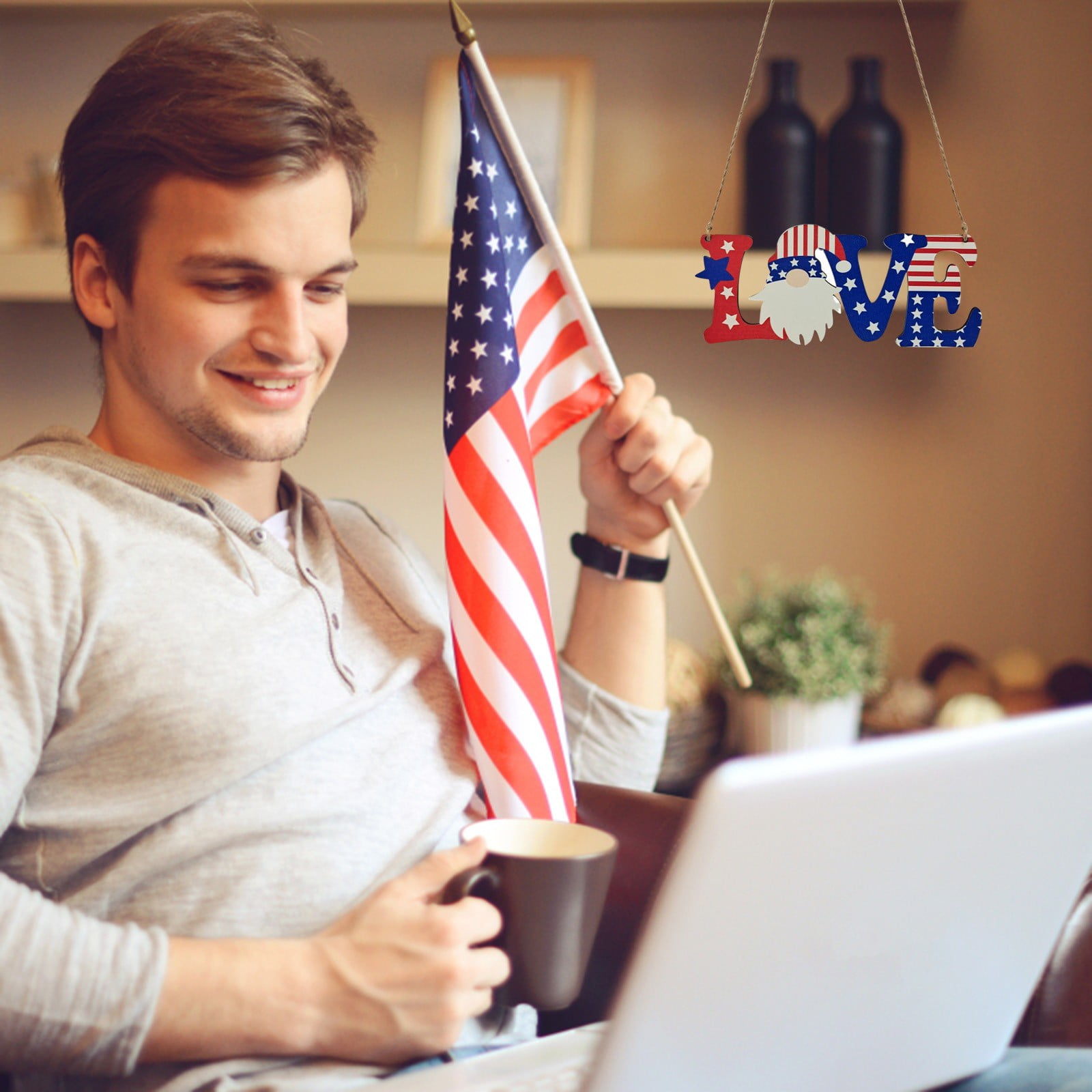 Sueyeuwdi On July 4 To Hang Wooden Tags American Flag Wall Star Tag Home Outdoor Front