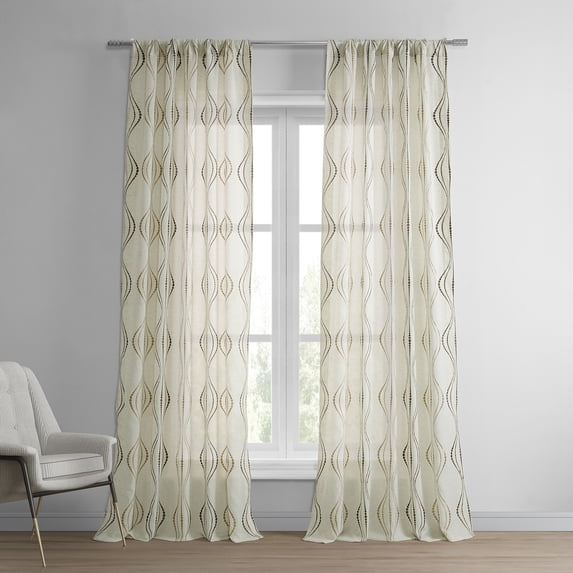 Suez Bronze Embroidered Faux Linen Sheer Curtain (1 Panel), Suez Bronze, 50W X 84L