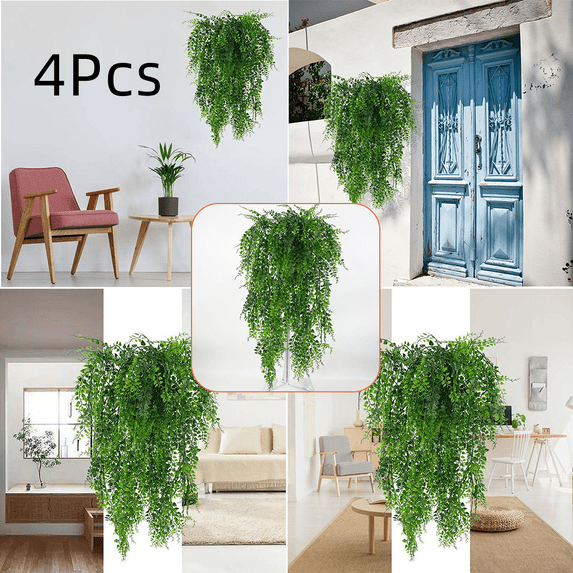 Sufanic 4Pcs Artificial Hanging Ferns Plants Vine Fake Ivy Boston Fern Hanging Plant Outdoor UV Resistant Plastic Plants,Green