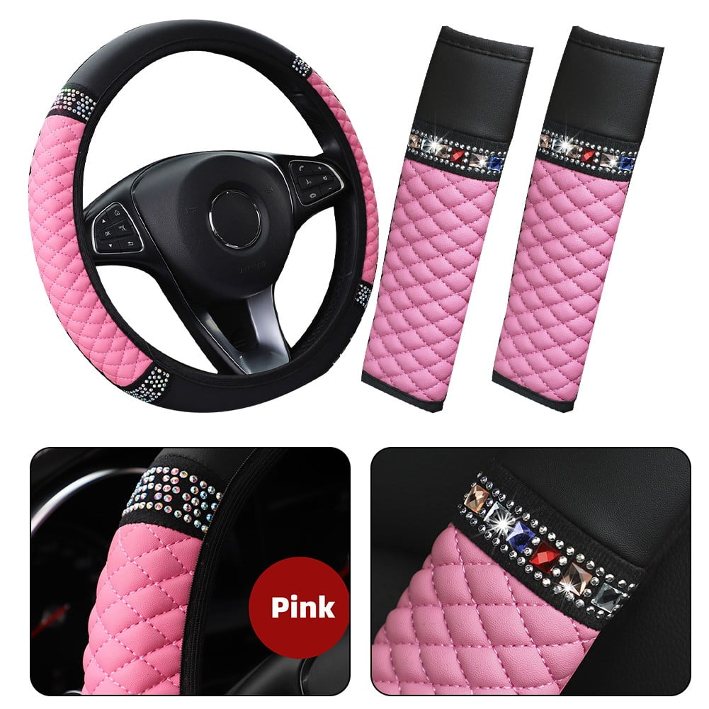Sufanic Bling Leather Pink, 37-38CM, Wear-resistant, Soft PU Leather Steering Wheel Cover, 3-Pack