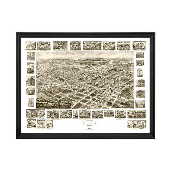 Suffolk Art, 1907 Vintage Map of Suffolk Virginia, VA History Wall Decor Gift, Old Suffolk Map - 24" x 18" Black Framed Print