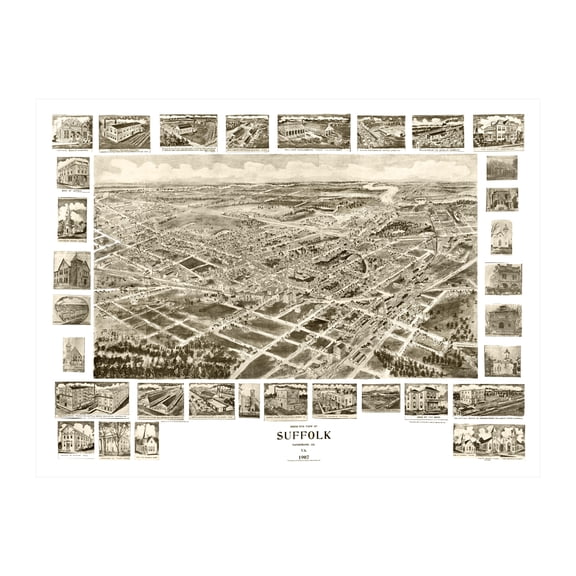 Suffolk Art, 1907 Vintage Map of Suffolk Virginia, VA History Wall Decor Gift, Old Suffolk Map - 24" x 18" Unframed Print