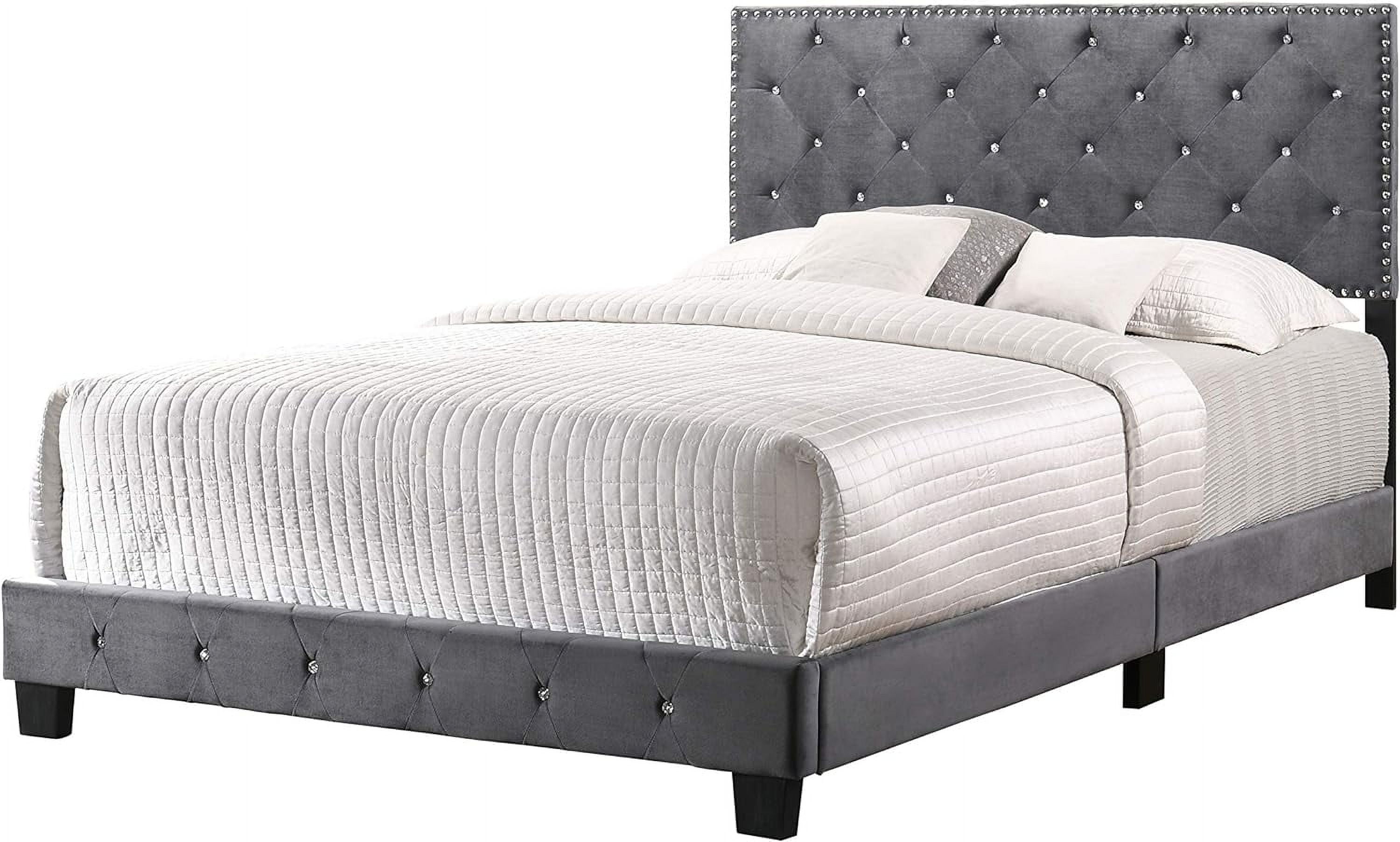 Suffolk Queen Bed with Tufted Velvet Upholstery and Nailhead Trim in Gray