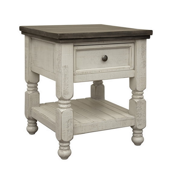 Suga 26 Inch Side End Table with 1 Drawer and Shelf Pine Wood Ivory- Saltoro Sherpi