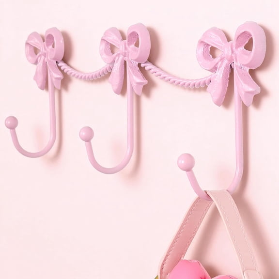 Sugagale Pink Iron Bow 3-Hook Wall Mount Rack, Coquette French Decor Hooks for Entryway, Bathroom and Bedroom