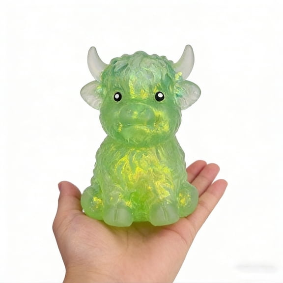 Sugar Ball Fidget, Highland Cow Glitter Sugar Stress Ball, Sensory Fidget T-oys for Anxiety, Party Supply, Office Desk and Travel - Glitter Cow Fidget T-oy with Slow Rising Technology (Green)