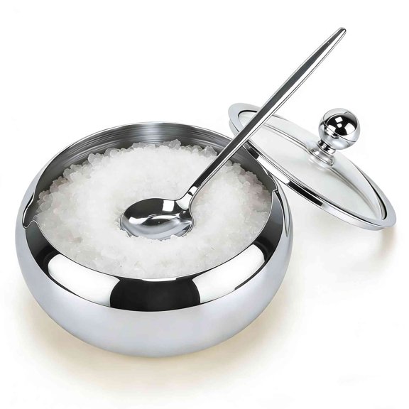 Sugar Bowl with Glass Lid and Spoon, Stainless Steel Container for Salt, Tea, Brown Sugar Cube, Dishwasher Safe, Kitchen Decor Countertop Storage, Silver