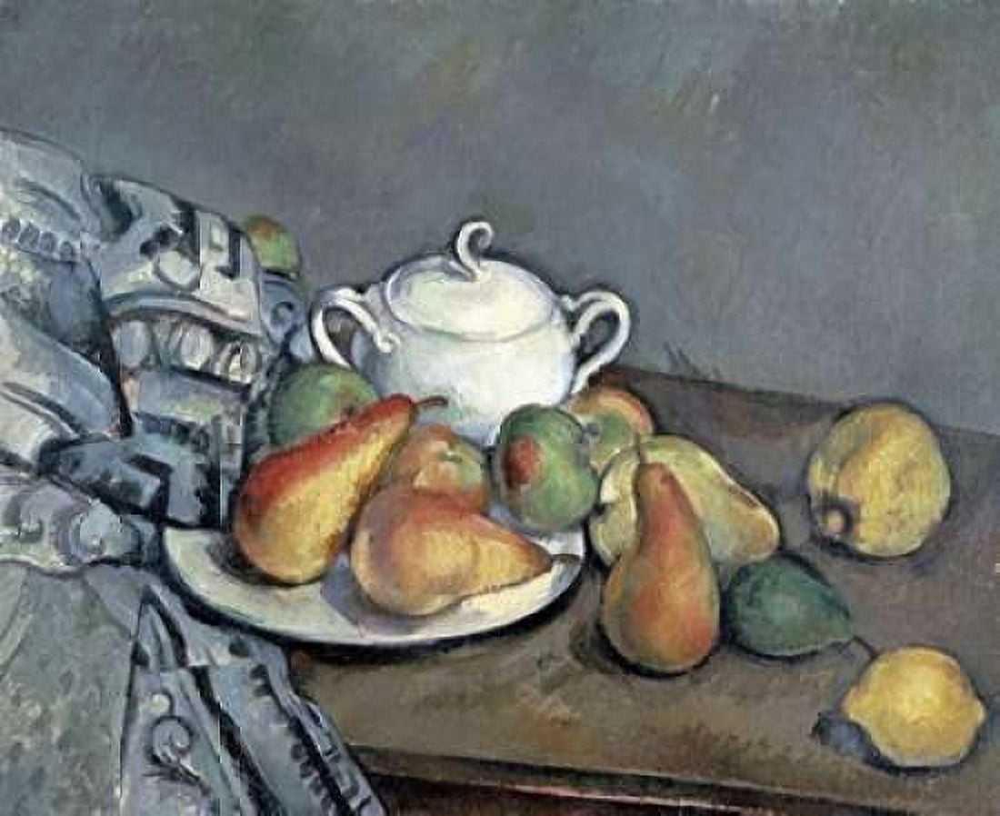 Sugar Bowl Pears and Curtain Canvas Art - Paul Cezanne (20 x 24)