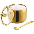 thumbnail image 1 of Sugar Bowl, Stainless Steel Sugar Container, Salt Jar Condiment Jar with Glass Lid and Spoon for Coffee Bar Kitchen Accessories for Seasoning Sugar Salt Coffee Bean, 8.5 oz/250 ml Gold, 1 of 9