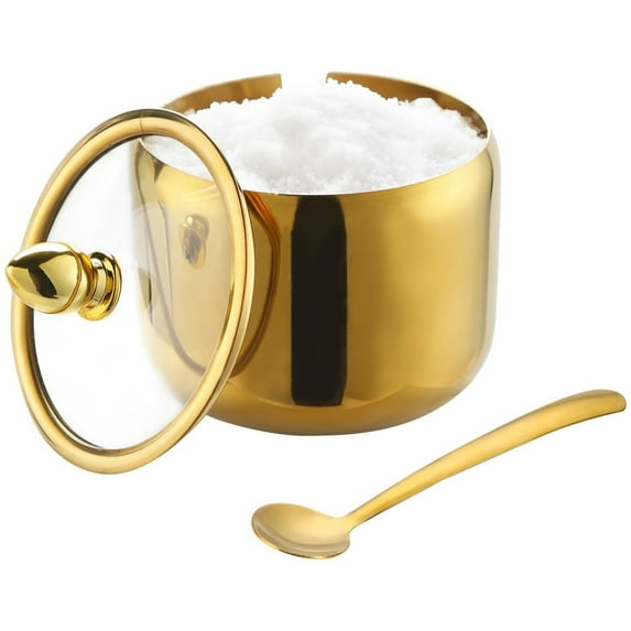 Sugar Bowl, Stainless Steel Sugar Container, Salt Jar Condiment Jar with Glass Lid and Spoon for Coffee Bar Kitchen Accessories for Seasoning Sugar Salt Coffee Bean, 8.5 oz/250 ml Gold
