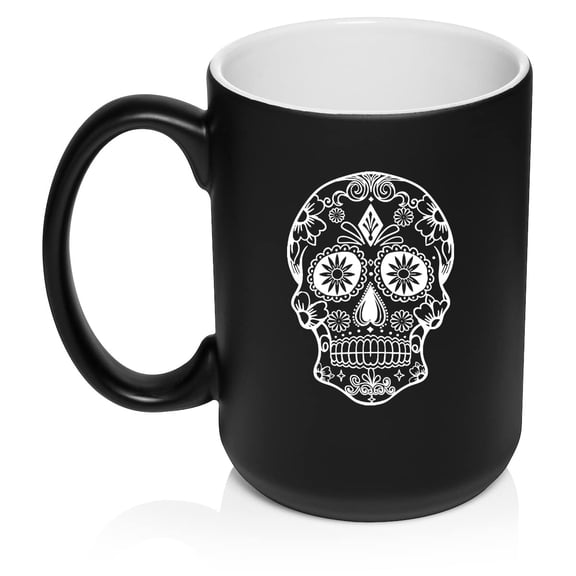 Sugar Candy Skull Ceramic Coffee Mug Tea Cup Gift for Her, Him, Brother, Sister, Wife, Husband, Friend, Family, Coworker, Boss, Birthday, Anniversary, Housewarming, Mom, Dad (15oz Matte Black)
