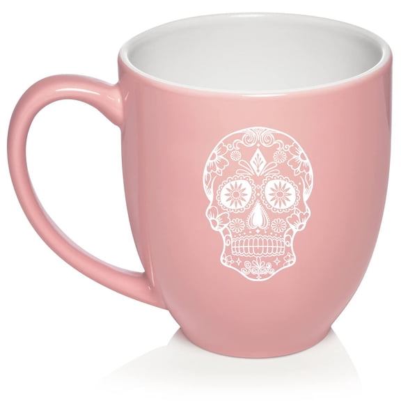 Sugar Candy Skull Ceramic Coffee Mug Tea Cup Gift for Her, Him, Brother, Sister, Wife, Husband, Friend, Family, Coworker, Boss, Birthday, Anniversary, Housewarming, Mom, Dad (16oz Light Pink)