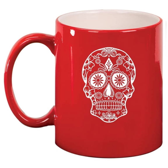 Sugar Candy Skull Ceramic Coffee Mug Tea Cup Gift for Her, Him, Brother, Sister, Wife, Husband, Friend, Family, Coworker, Boss, Birthday, Anniversary, Housewarming, Mom, Dad (11oz Red)